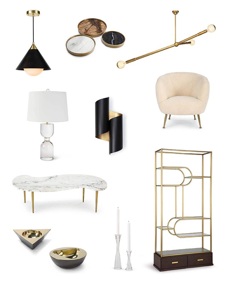 Collage of products created by Regina Andrew Design, including lamps, sconces, shelves, dishes, a chair and chandeliers