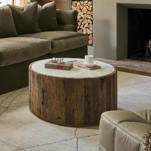 Wood coffee table with white marble top
