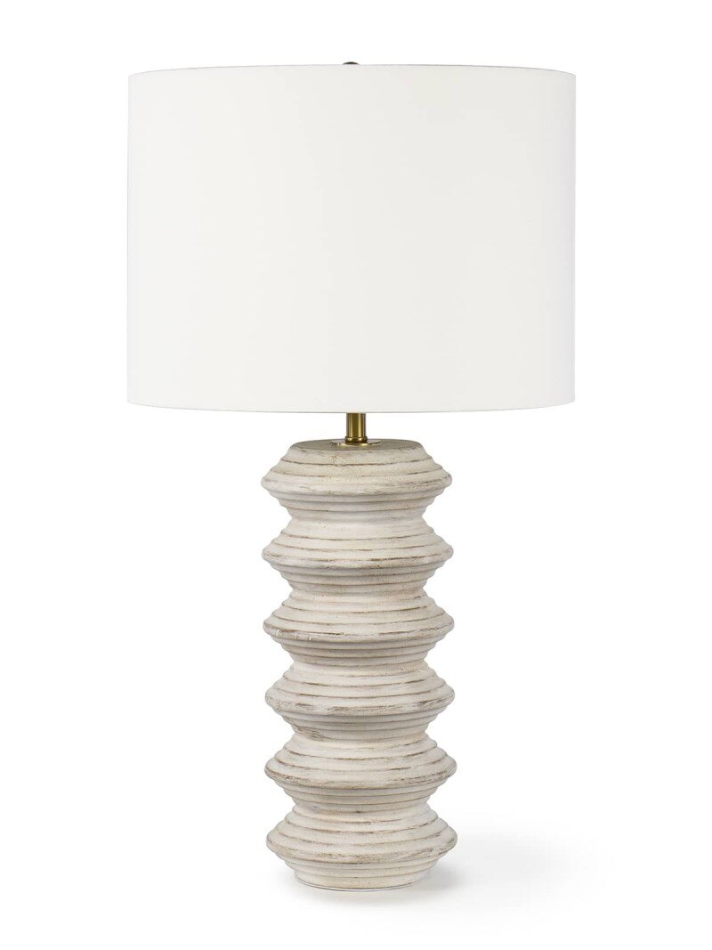 Sun aged coastal inspired white-washed table lamp with white shade