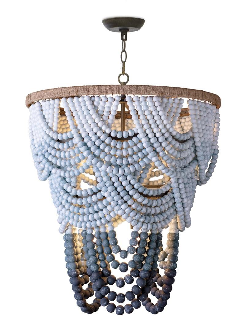 Wood beaded coastal style blue chandelier