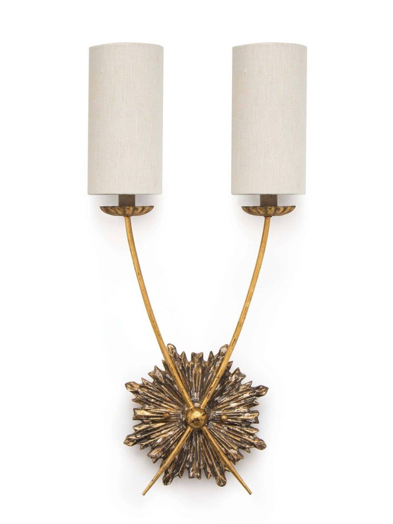 Parisian antique gold plated sconce with two white shades