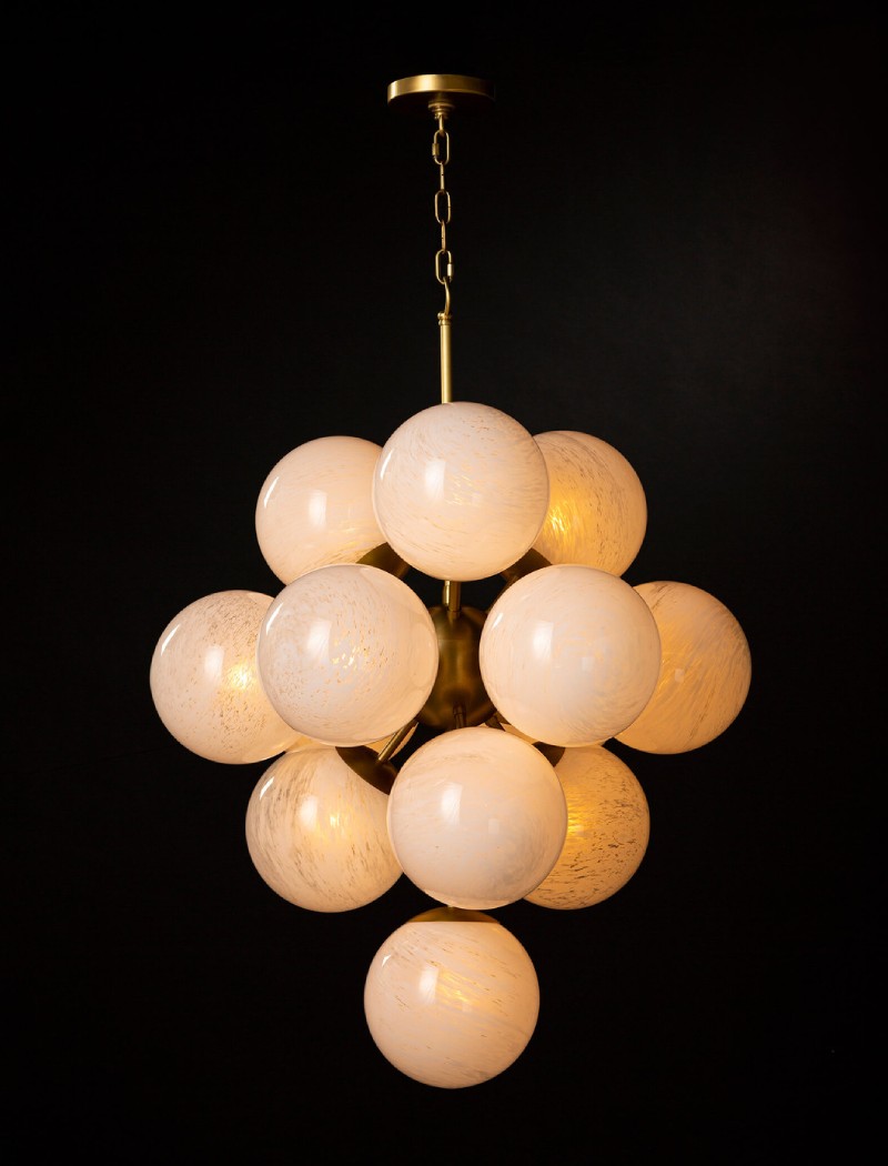 Mid Century Modern swirl glass globe chandelier with natural brass fittings