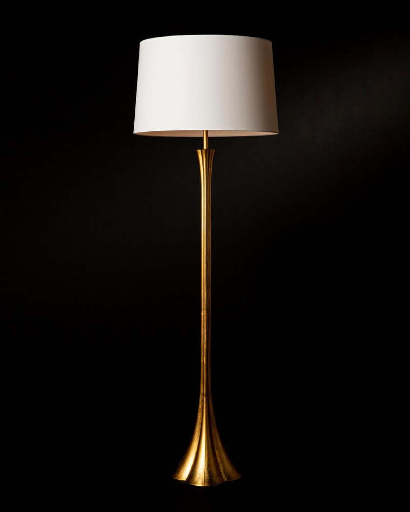 Natural Brass trumpet style floor lamp with a white shade