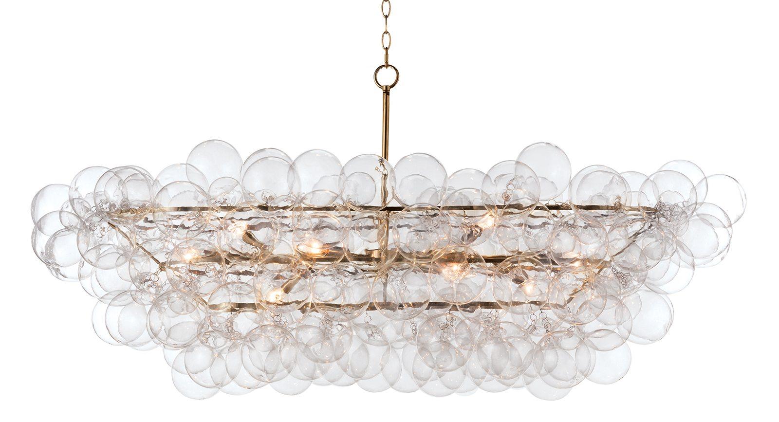 Chandelier with hundreds of glass bulbs surrounding a polished nickel frames