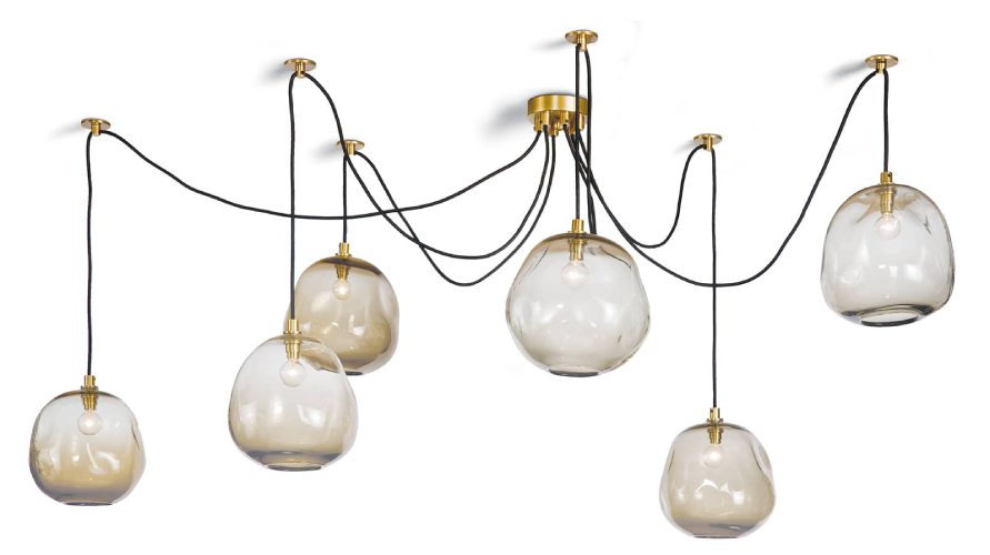 Hanging wire chandelier with molten glass fittings