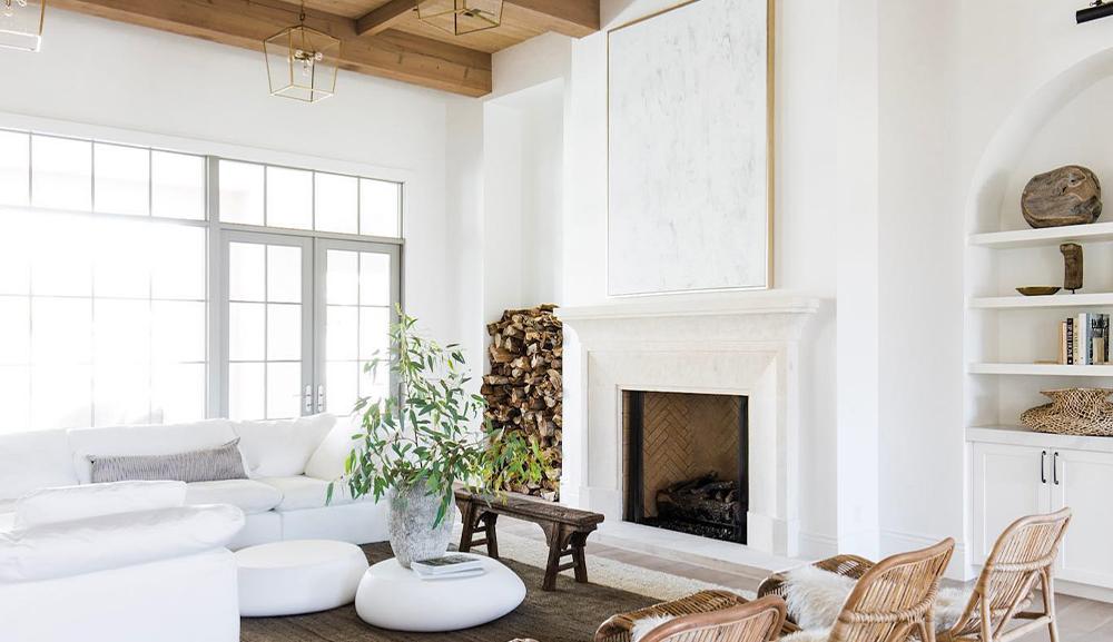 Tall ceiling living room with natural wood and modern furniture