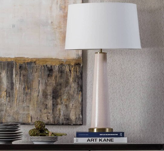 Pink table lamp with brass finial and white shade