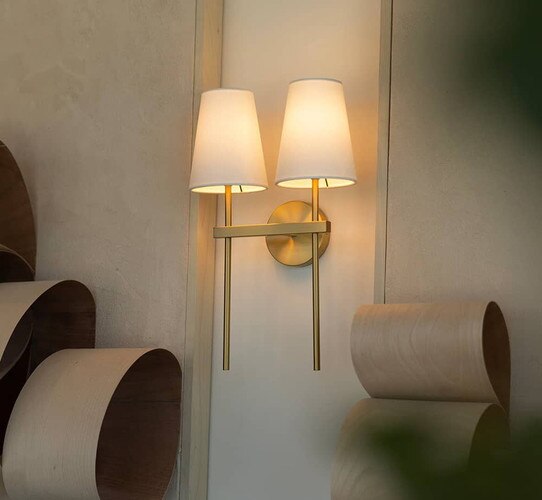Gold double sconce between wall sculptures