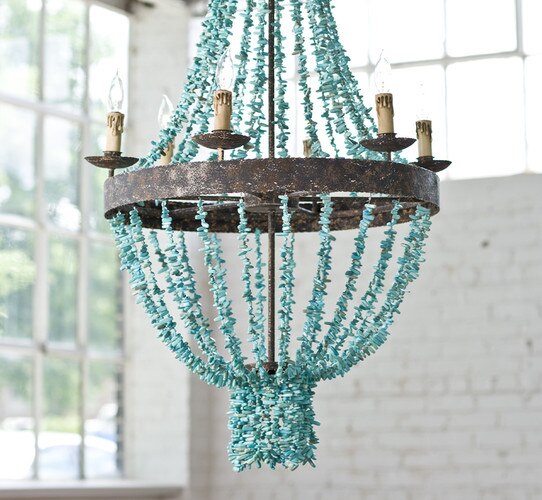 Turquise beaded chandelier with patinaed metal arm body and faux candle sockets