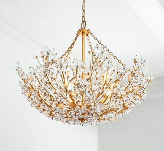 Gold and crystal basin chandelier in the shape of flowers