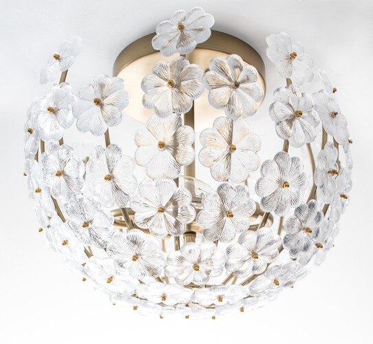 Gold and glass semi-flush mount with clear glass flowers