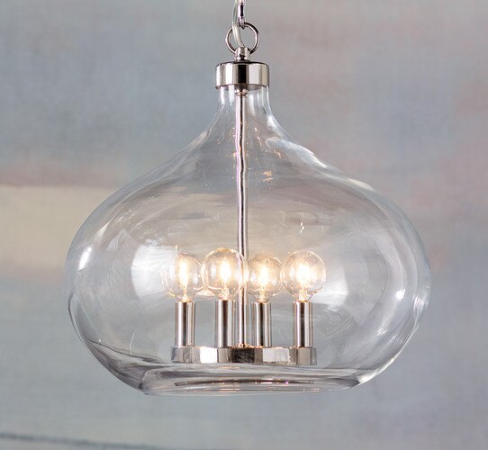 Clear glass pendant light with polished nickel sockets