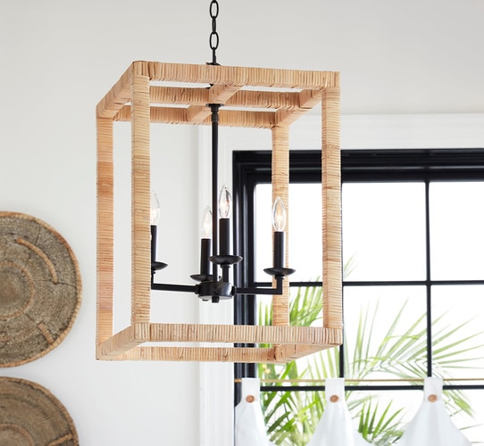 Rattan chandelier with four black sockets