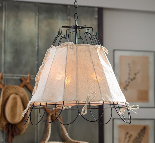 Black wire pendant light with tied canvas shade