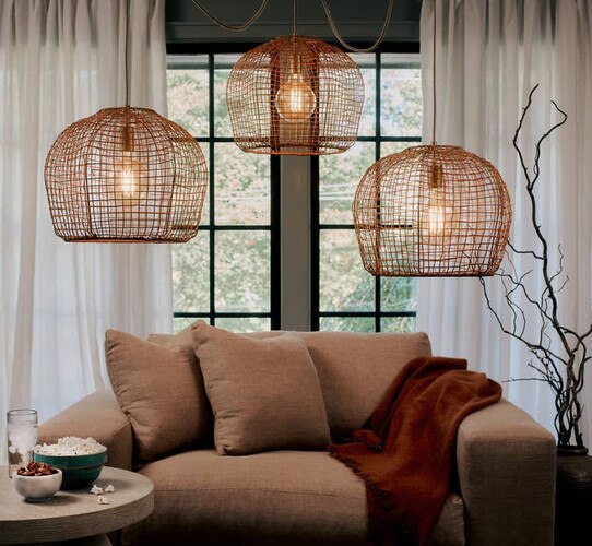 Hanging basket pendants above a sofa