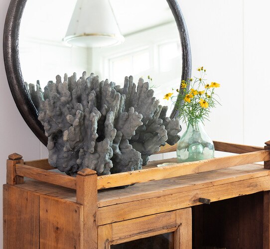 Large piece of blue coral on a teak cabinet next to a small vase of flowers
