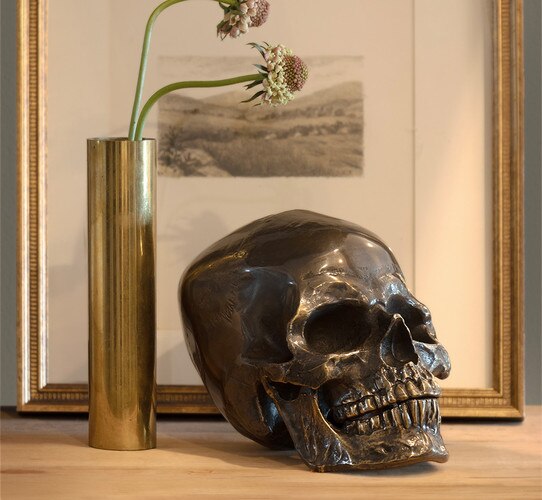 Metal skull and brass vase in front of a gold picture frame