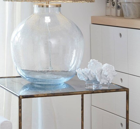 Zinc and brass table with glass lamp and flower coral