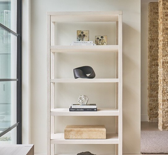 White wood bookshelf holding decor and books