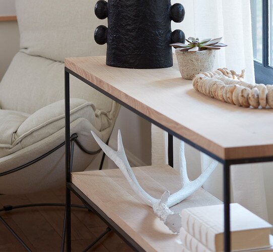 White antler resting on the bottom shelf of a console table