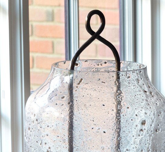 Dimpled glass hurricane with metal holder