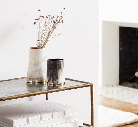 Horn and brass vases resting on a metal console table