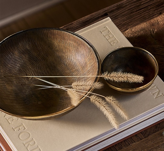 Two horn bowls holding wheat sitting on books