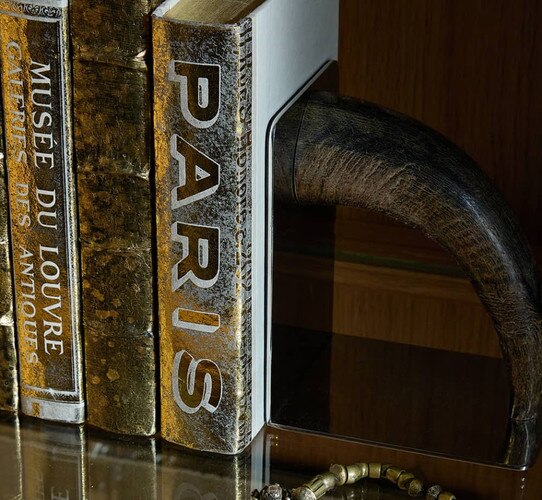 Brushed gold decorative books held up by a horn bookend