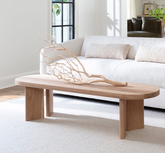 Long wood coffee table holding holding branch in front of a white sofa