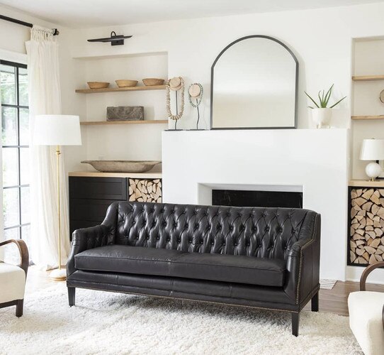 Leather sofa with wood legs