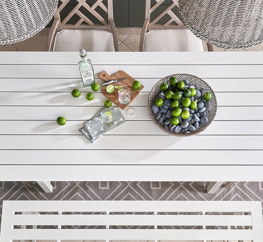 Bowl of limes and rocks on a white metal outdoor table
