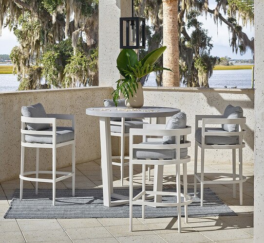 Outdoor bar counter ith stools on a patio