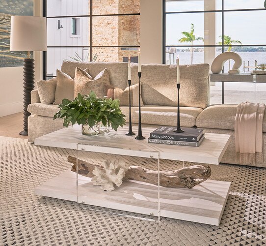 Living room with coffee table and white linen sectional