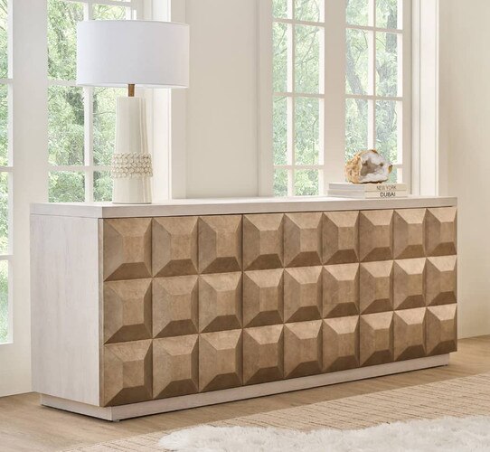 Credenza with sectioned protruding squares in the front