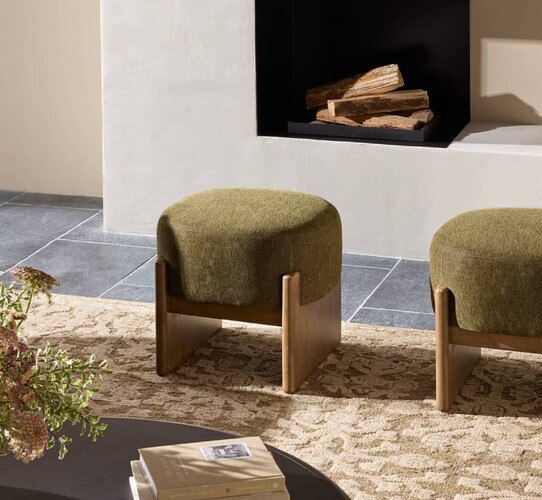 Green linen and wood foot stool