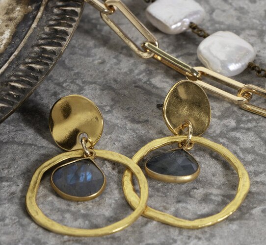 Gold earrings with labradorite stones in the center