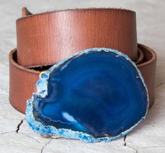 Brown leather belt with blue agate buckle