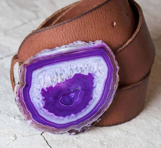 Leather belt with purple agate buckle