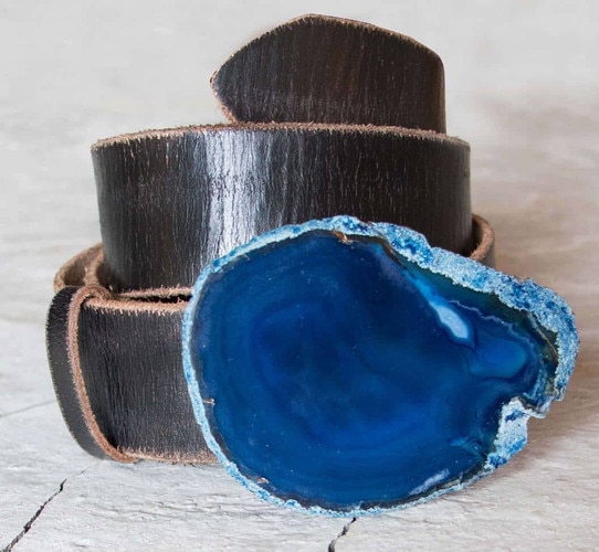 Black leather belt with blue agate buckle