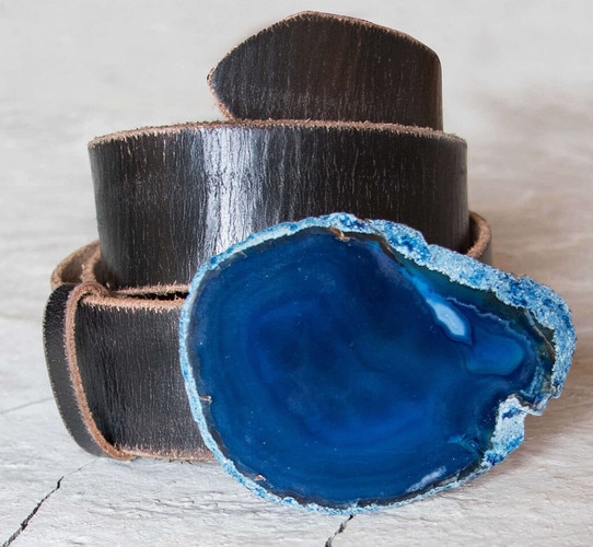 Leather belt with blue agate buckle