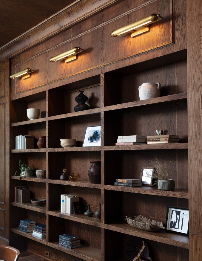 wooden bookshelves with three brass picture lights above