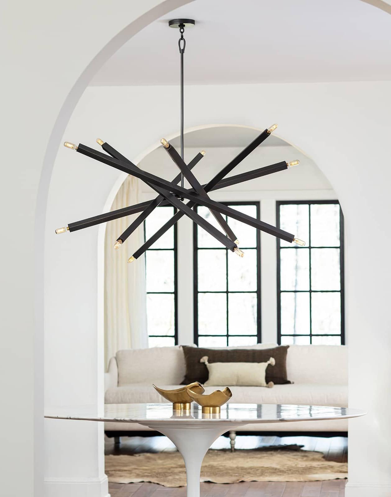 Modernism living room with a black modern chandelier