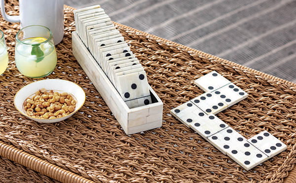 Rattan outdoor coffee table with dominoes made of bone