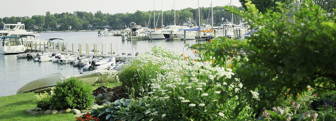 Sun coated dock on a lake with boats and flowers