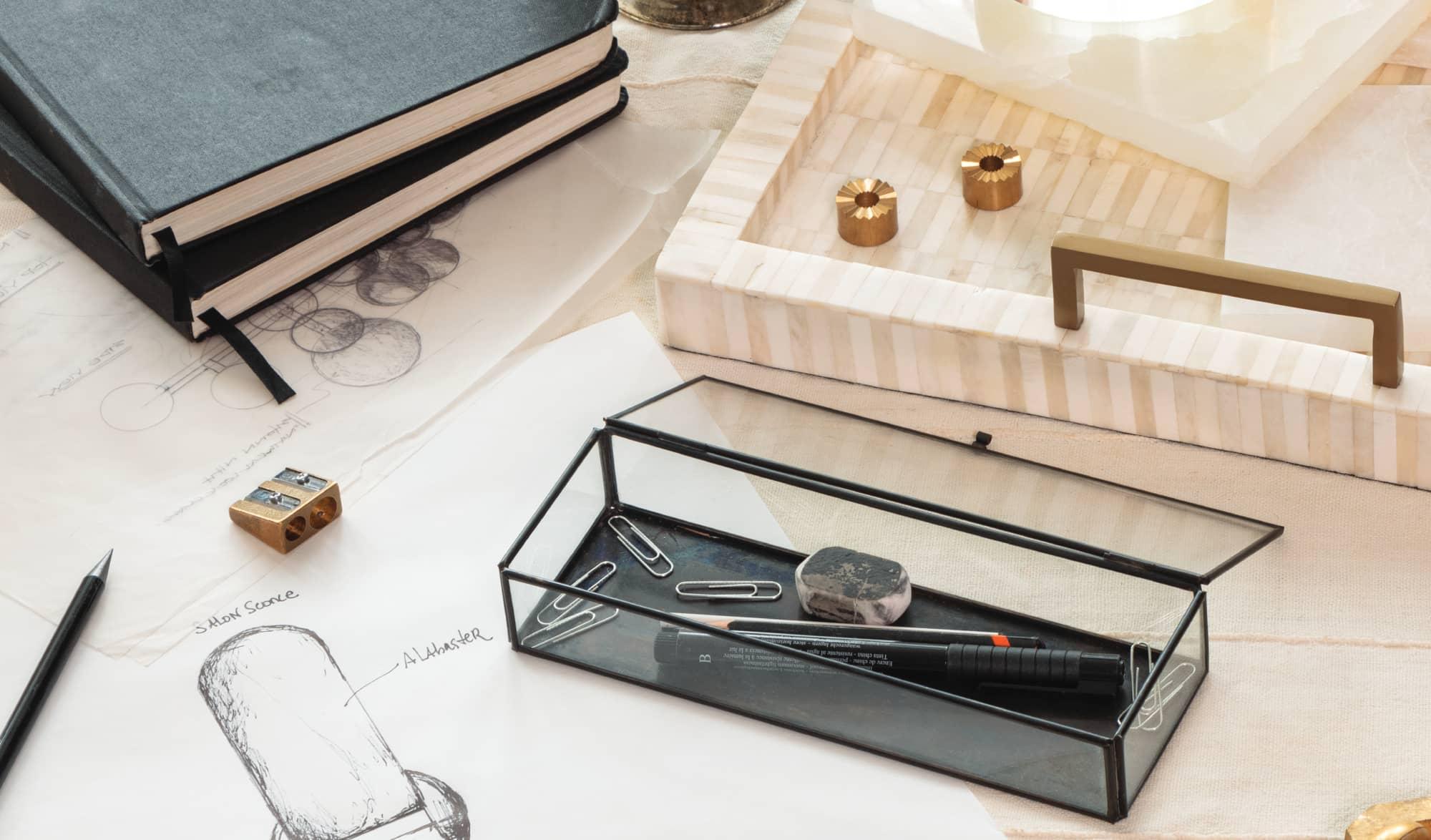 drawings of light fixtures, pencils and erasers