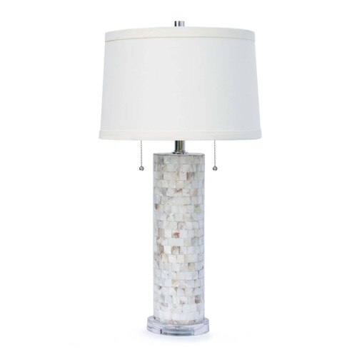 Coastal style mother of pearl table lamp with white shade