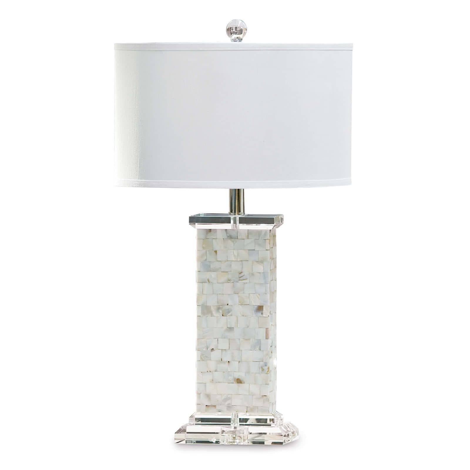 Coastal style mother of pearl table lamp with a crystal base and a white shade