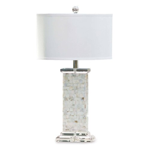 Coastal style mother of pearl table lamp with a crystal base and a white shade