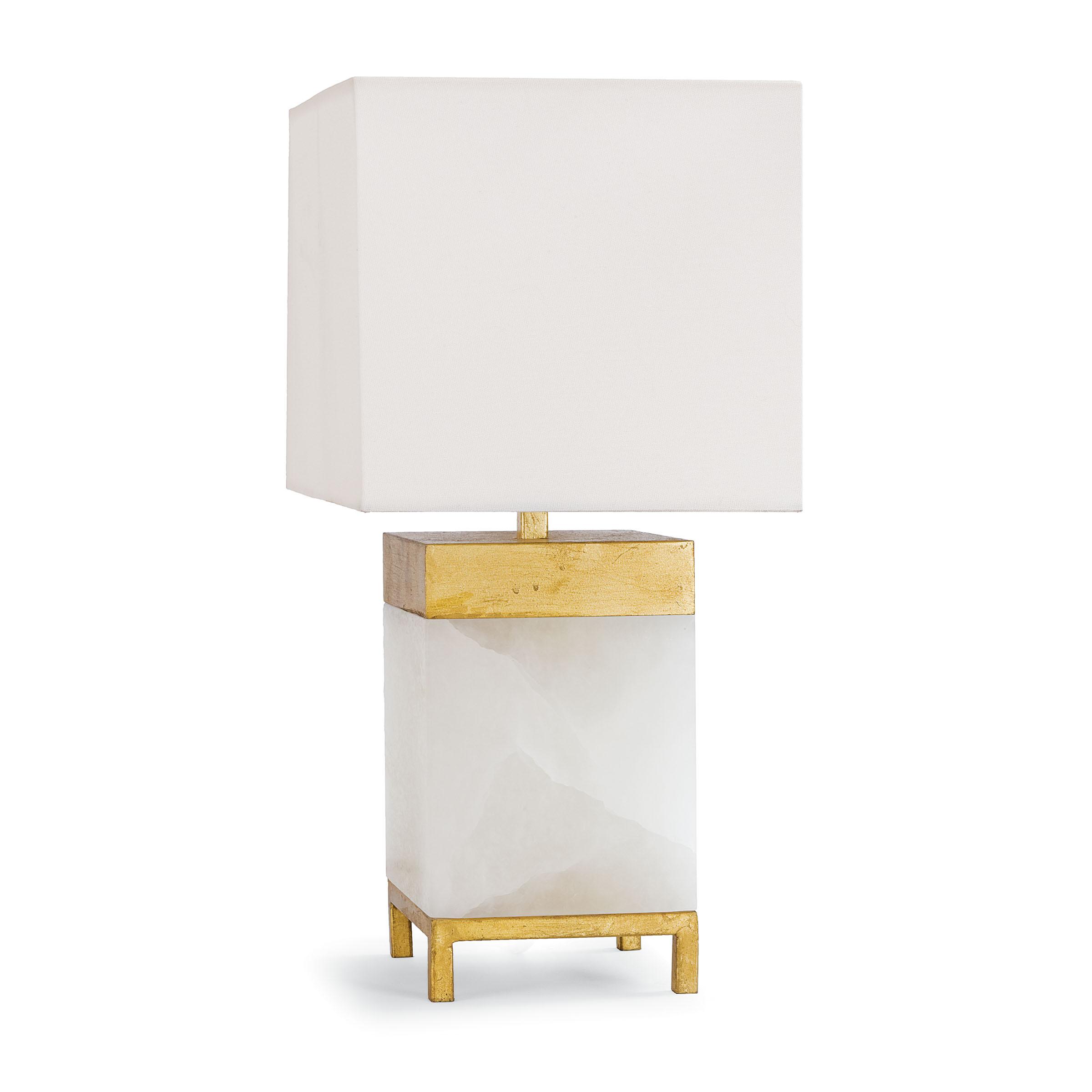 Modern natural stone alabaster table lamp with natural brass finishes and white lamp shade