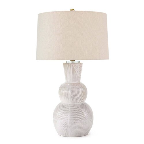 Modern white textured table lamp with a linen shade